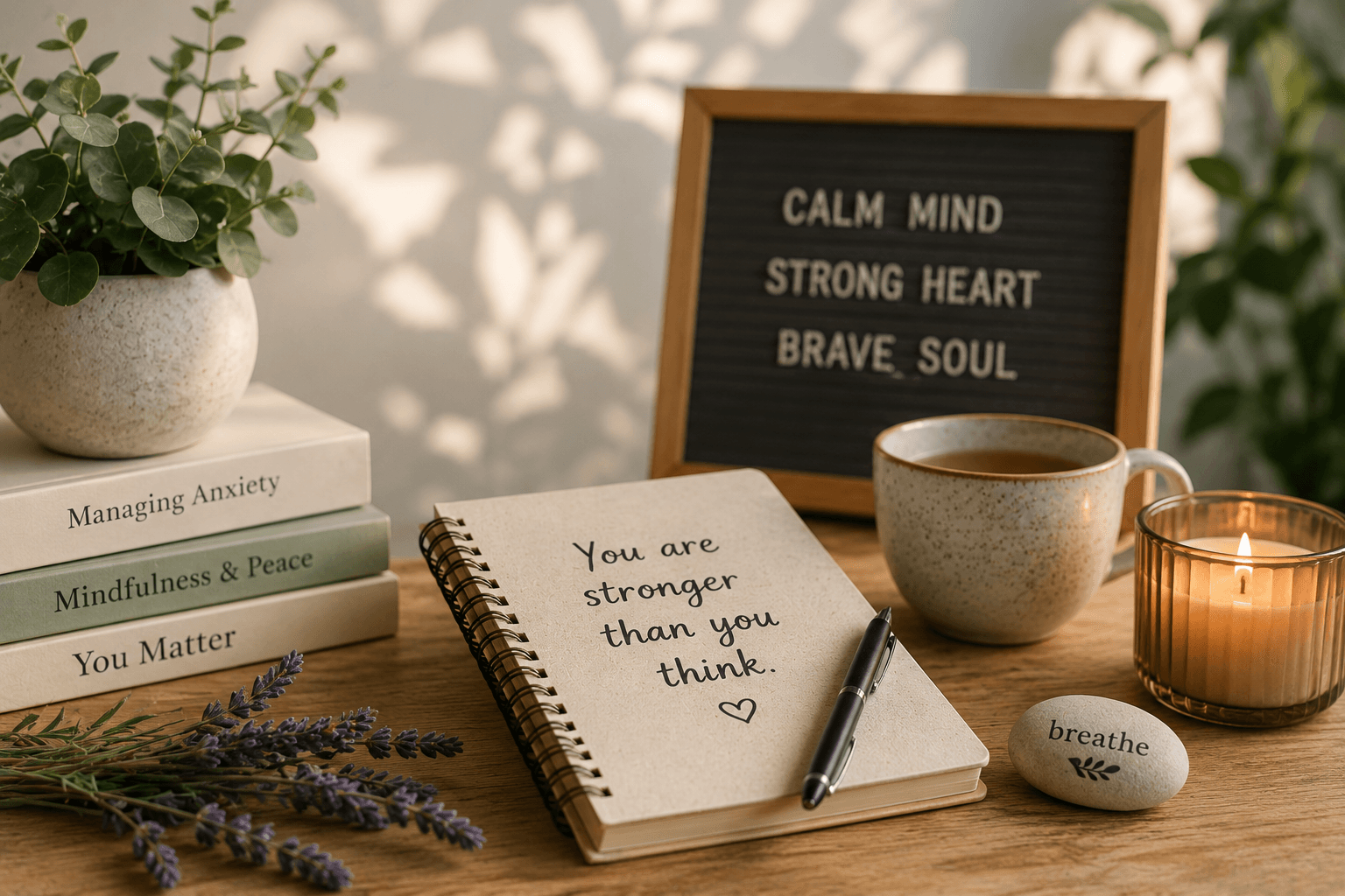 Anxiety Therapy concept featuring a calming mindfulness workspace with affirmations, journal, candle, tea, and relaxing décor to promote emotional wellness.