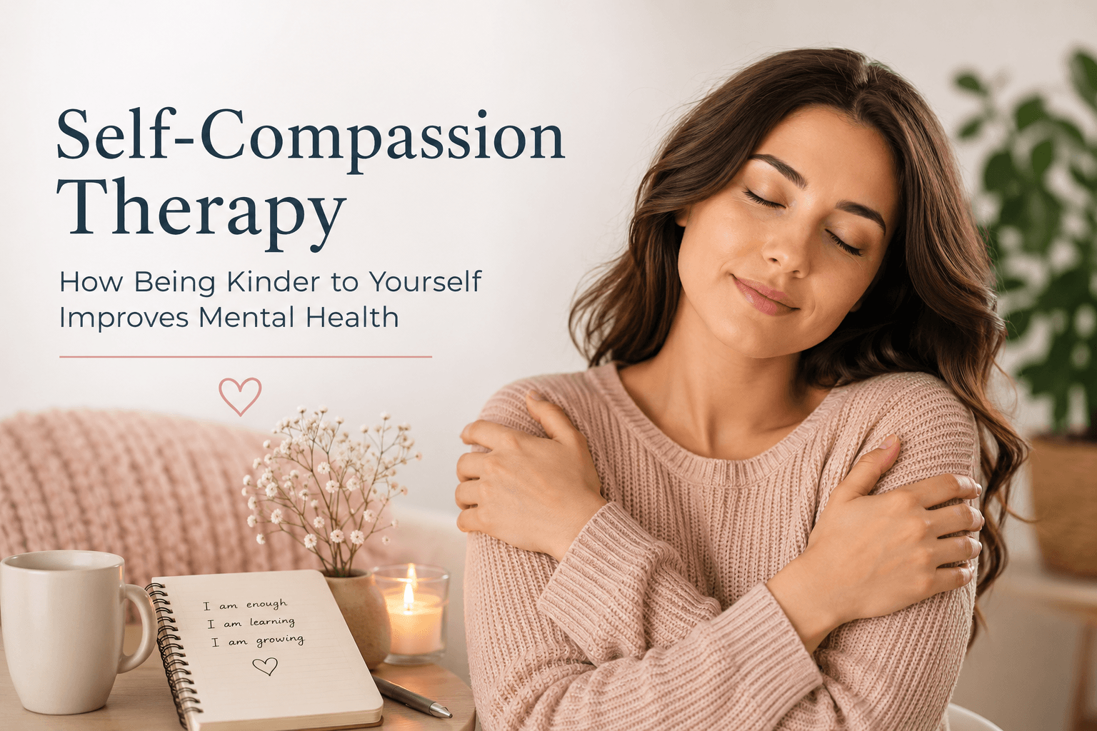 Self-Compassion Therapy concept with a calming self-care journal, candle, tea, and mindfulness workspace.